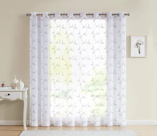 Vista 3 de LINENZONE Cortina de patio transparente blanca para puertas correderas con bordado de hojas de carbón gris. Extra ancha para patio, puertas