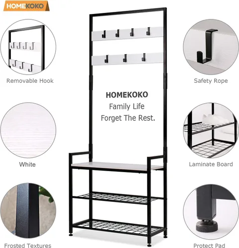 Vista 4 de HOMEKOKO Estante de almacenamiento para árbol de entrada, estante para zapatos, muebles decorativos de aspecto de madera con marco de metal, diseño