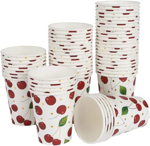 Vista 5 de Geeklife Vasos de papel de cereza dorada, 9 onzas de papel de cerezas, frutas y cerezas, desechables, vasos de papel decorativos a granel, 40