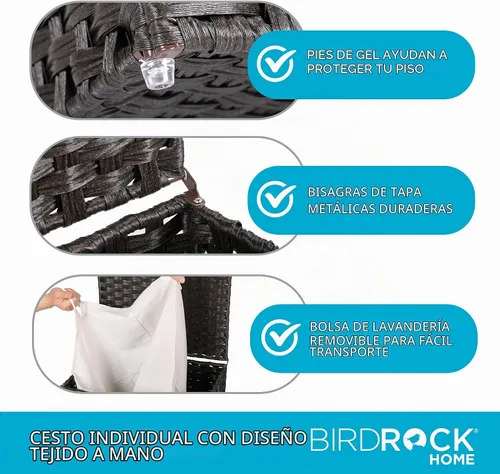 Vista 5 de BIRDROCK HOME Cesta de lavandería individual con tapa - Marrón - Bolsa forrada - Tejida a mano - Cesta pequeña plegable - Contenedor plegable