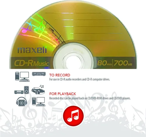 Vista 4 de Maxell Husillo de música CD-R, solo audio, medios en blanco, paquete de 50 (625156)