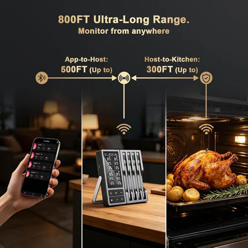 Vista 3 de Termómetro inalámbrico digital para carne, 4 sondas – Termómetro Bluetooth de cocina de alimentos de 800 pies, sensores duales con precisión