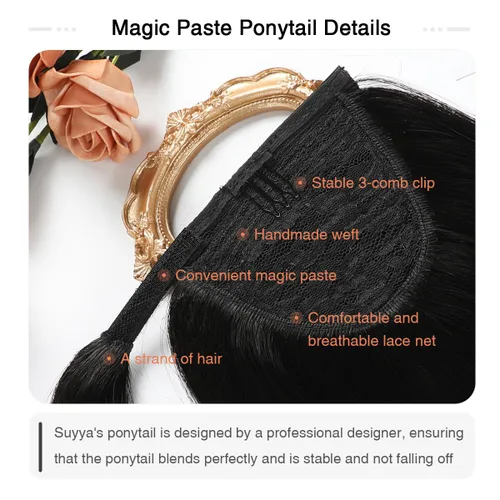 Vista 4 de SUYYA Extensión de cola de caballo con clip, pieza de cabello humano lacio con pasta mágica, 2.47 onzas, 14 pulgadas, color negro azabache #1