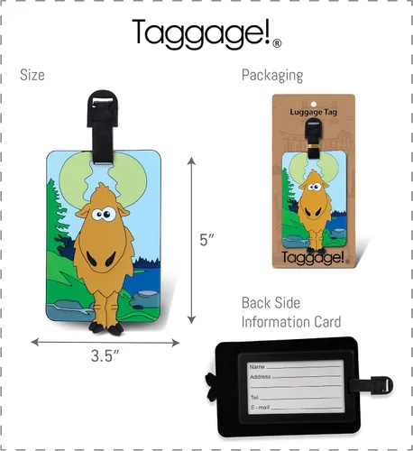 Vista 2 de Puzzled Goofy Moose - Etiqueta de identificación de viaje para maleta, mochila y bolsa deportiva, diseño de animales del bosque, para maleta