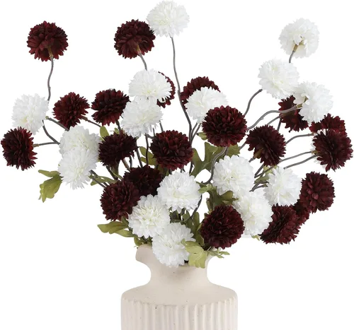 Vista 11 de DuHouse 6 piezas de flores artificiales de seda falsa pompón crisantemo, pequeña mini bola de crisantemo de seda con tallos para bodas DIY arreglos