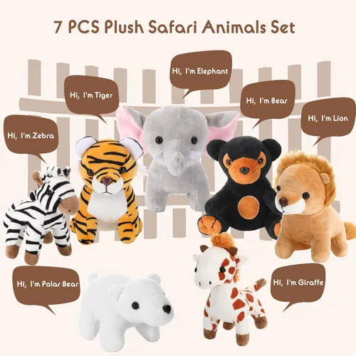 Vista 3 de Juego de 7 animales de peluche de safari de 4.72 pulgadas de la selva, incluye jirafa, tigre, león, oso, elefante, cebra, para fiestas temáticas