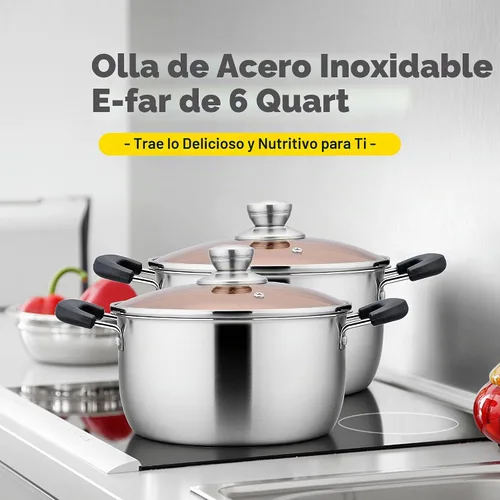 Vista 7 de E-far Olla de 6 cuartos de galón, olla de sopa de metal de acero inoxidable con tapa de vidrio para cocinar, saludable y libre de óxido, resistente