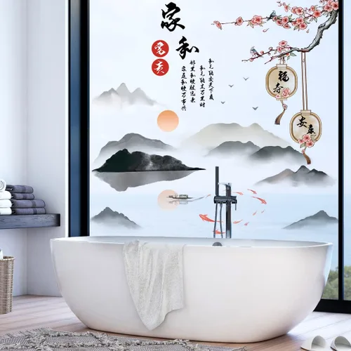 Vista 5 de Calcomanías de pared extraíbles de estilo chino 3D paisaje, montaña, agua, personajes chinos, familia y paz con ramas de árbol de ciruela, flores