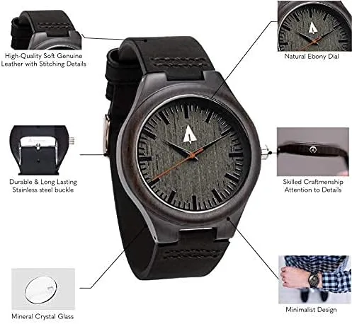 Vista 3 de treehut Reloj de madera de ébano para hombre con correa de cuero negro genuino..., Negro Natural 4, Reloj de cuarzo