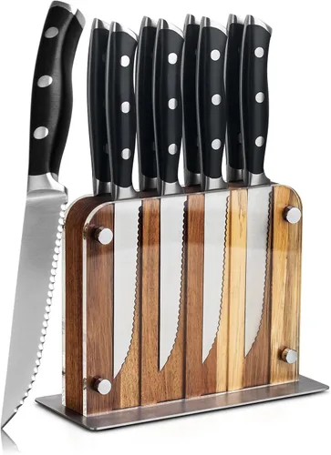 Vista 11 de Alata Juego de cuchillos para carne de 8 piezas, 4.7 pulgadas con borde dentado, cuchillos afilados para cena, construcción de espiga completa Negro