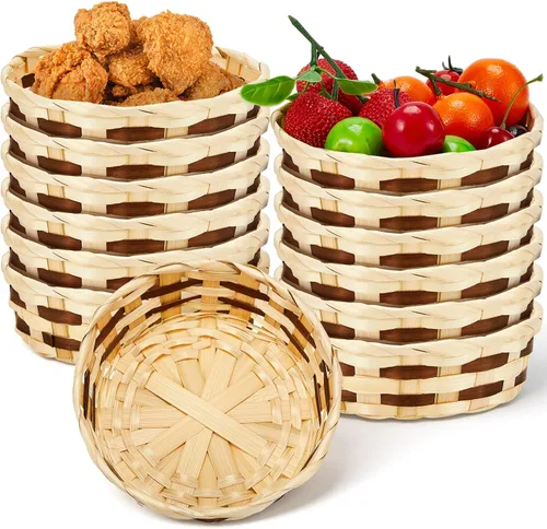 Vista 9 de Sintuff Paquete de 1 cesta redonda tejida de regalo, canastas de bambú para decoración, de mimbre, tortilla, pan, fruta, apilable