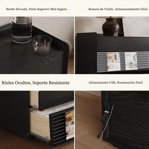 Vista 5 de POVISON Soporte de TV moderno de mediados de siglo totalmente ensamblado con luces LED ajustables, consola multimedia de madera, centro de Negro