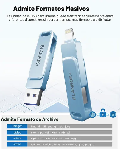 Vista 6 de Unidad flash de 256 GB con certificación MFi para iPhone Photo Stick, memoria USB iPhone para fotos y videos, almacenamiento externo de alta Azul