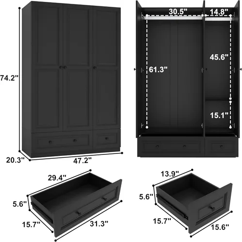 Vista 2 de Armario de dormitorio con cajones: armario de madera de 74 pulgadas con 3 puertas, armarios negros con 2 cajones, armario alto con estantes y ropa