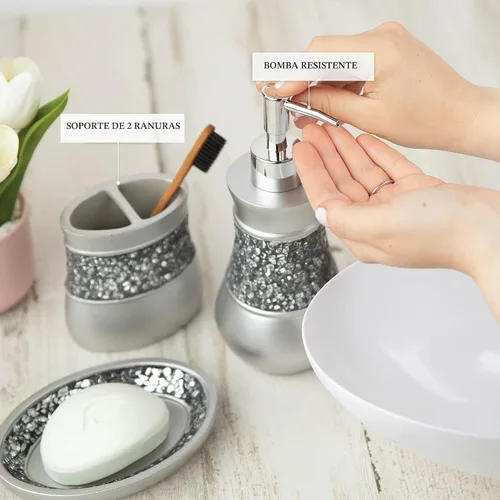 Vista 5 de Juego de accesorios de baño plateado completo de 6 piezas de vidrio agrietado