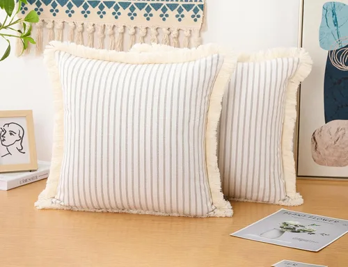 Vista 3 de NUYECY Juego de 2 fundas de almohada bohemias de color caqui de 18 x 18 pulgadas, almohada neutra de algodón con flecos de borlas, funda de cojín