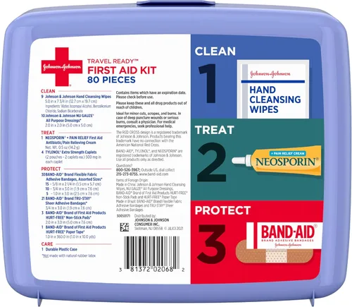 Vista 8 de BAND-AID Brand Travel Ready Kit portátil de primeros auxilios de emergencia, cuidado de heridas menores, perfecto para el hogar, automóvil, camping