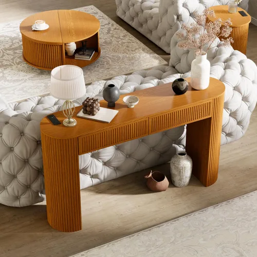 Vista 7 de Mesa consola acanalada de 55 pulgadas con 2 cajones y luces LED, mesas de entrada con estación de carga, mesa de sofá estrecha detrás del sofá, mesa