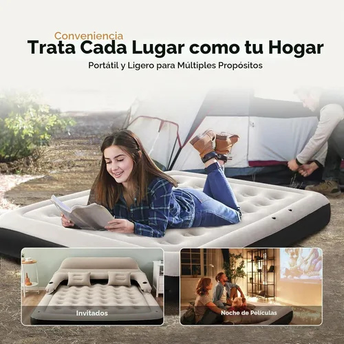 Vista 5 de Cama inflable de colchón de aire tamaño Queen con cabecero y almohadas, sofá cama inflable