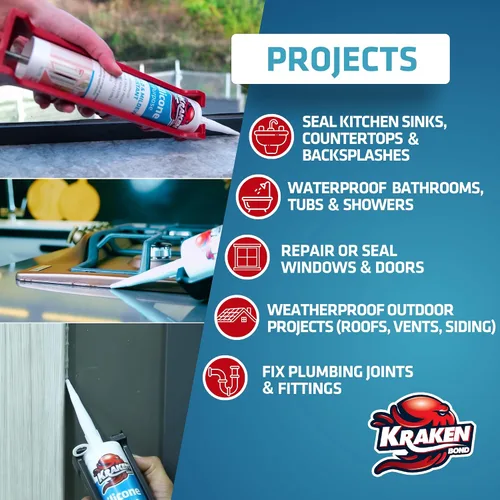 Vista 6 de Kraken Bond Sellador de silicona negro resistente al agua Cartucho de 100 a 10 onzas líquidas, RTV silicona para calafatear cocina y baño, todo uso