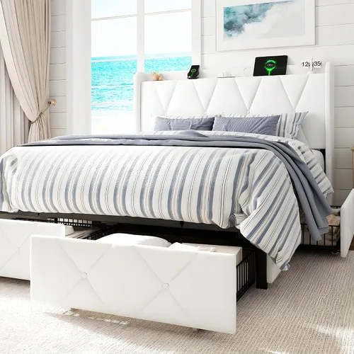 Vista 18 de GalnFu Base de cama de tamaño matrimonial con 4 cajones de almacenamiento, plataforma tapizada con estación de carga, moderna cabecera de Beige