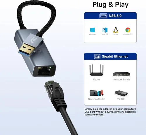Vista 8 de DBIT Adaptador USB a Ethernet, adaptador de red LAN USB 3.0 a Gigabit Ethernet sin controlador, adaptador de Internet RJ45 compatible con MacBook