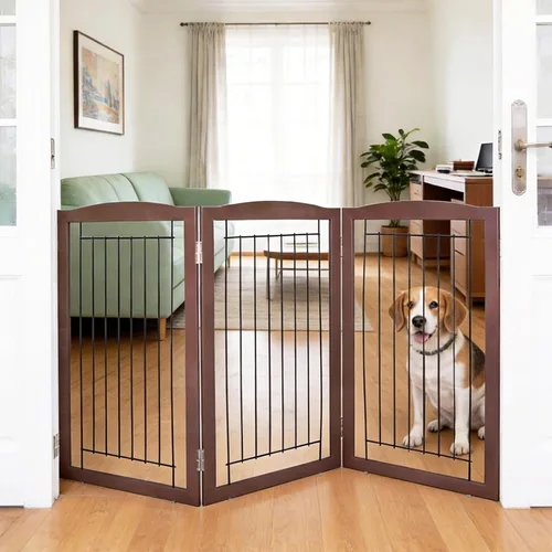 Vista 21 de ZJSF Puerta plegable independiente para perros para casa, puerta de madera extra ancha para cachorros, escaleras, puertas para mascotas, valla alta