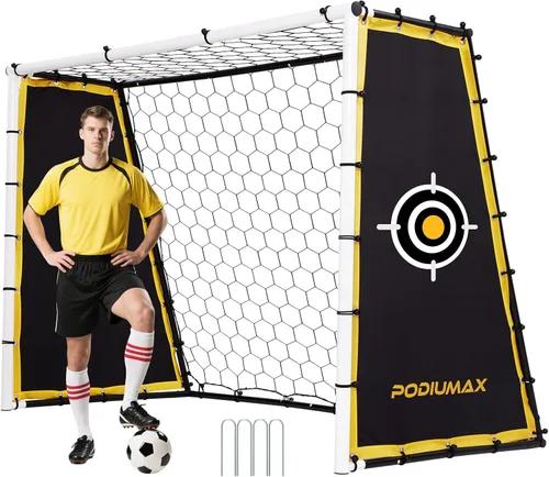 Vista 8 de PodiuMax Portería de fútbol 4 en 1 y Rebote, Red de Rebote de 7x5 pies con Marco Mejorado, Red de Pase al Suelo de Acero para Parque de Patio