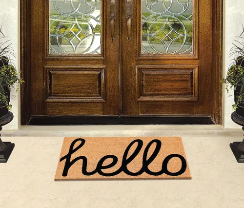 Vista 5 de A1 Home Collections - Alfombra redonda de entrada de Medio círculo de textura de relieve griego, Hello