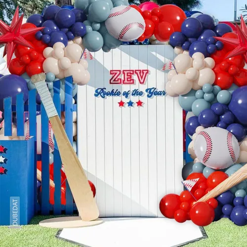 Vista 3 de Kit de arco de guirnalda de globos de béisbol, 141 unidades, rojo, blanco, azul profundo, azul crepúsculo con globos de estrella de bate de béisbol