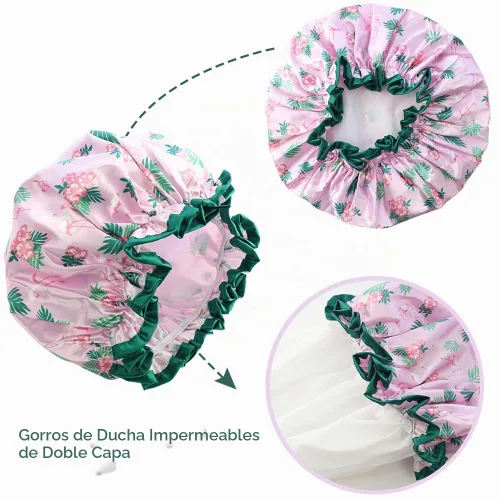 Vista 2 de Gorro de ducha de 3 piezas, gorro de ducha reutilizable impermeable, doble capa impermeable, gorro de ducha suave y cómodo con forro de EVA