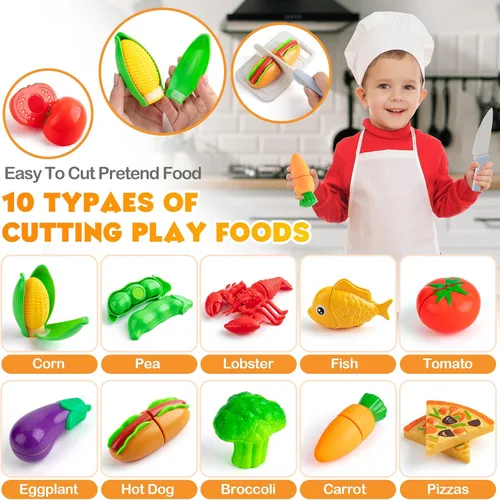 Vista 4 de Accesorios de cocina de juguete para niños, 42 piezas de juego de cocina para niños pequeños, juego de cocina con ollas y sartenes a presión, juego
