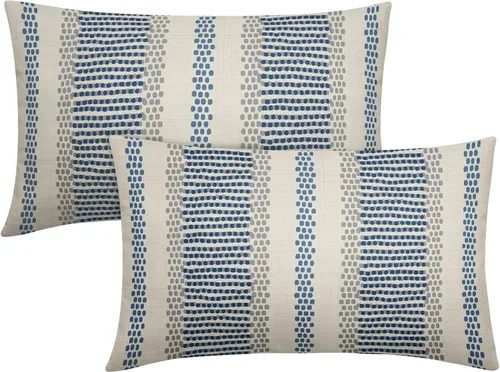 Vista 71 de Juego de 2 fundas de almohada negras y azules con rayas de puntos grises, decorativas para exteriores, estilo boho rústico, para sofá, cama, cojín