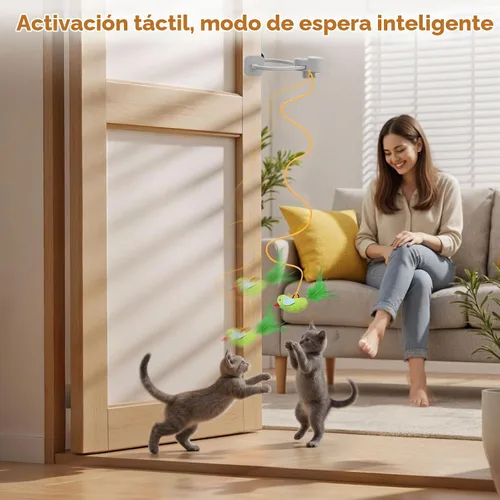 Vista 4 de Juguetes interactivos para gatos de interior: varita de plumas de ave voladora automática, juguete de persecución, ejercicio, enriquecimiento y Gris