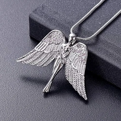 Vista 2 de Imrsanl Joyería de cremación con dije de ángel para dama, medallón conmemorativo de ceniza, collar de urna para cenizas, alas, joyería de recuerdo