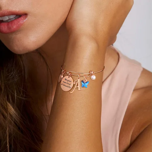 Vista 2 de Pulseras con dije de mariposa para mujer brazalete extensible con mensaje inspirador en inglés Be Your Own Kind of Beautiful joyería personalizada