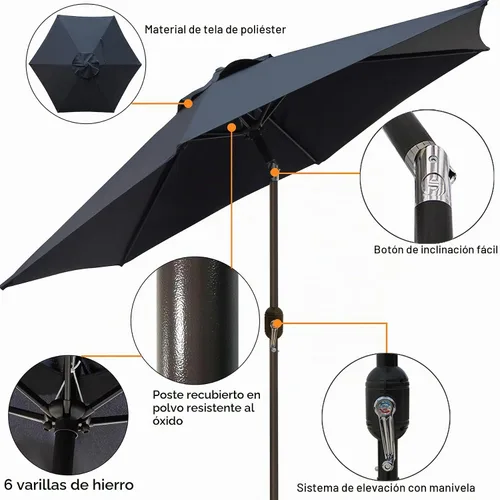 Vista 2 de Blissun Sombrilla de patio de 7.5 pies, sombrilla de patio, sombrilla de mercado al aire libre con botón de inclinación y manivela (negro)