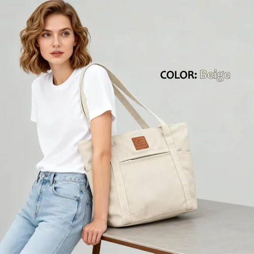 Vista 6 de Bolsos de hombro para mujer, bolsa de lona resistente para trabajo, bolsa de cubo retro Beige