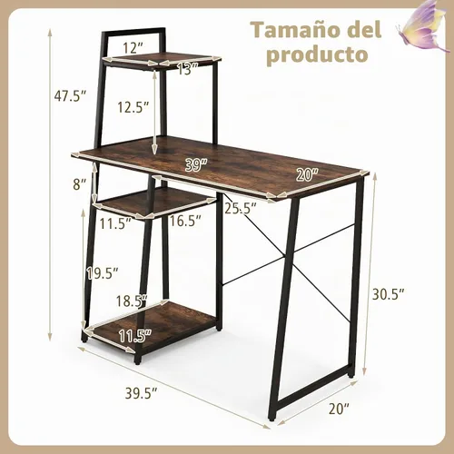 Vista 3 de COSTWAY Escritorio para computadora con estantes de almacenamiento de 4 niveles, mesa de escritorio de oficina en casa con marco resistente