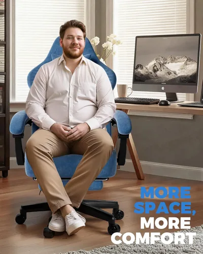 Vista 3 de GTPLAYER Silla de juegos grande y alta con reposapiés, sillas de videojuegos de asiento extra anchas para adultos, silla reclinable ergonómica Azul