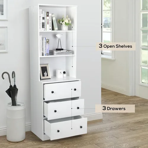 Vista 7 de VOWNER Archivador vertical, estantería moderna de 3 niveles con 3 cajones grandes, archivador de madera con estante de almacenamiento abierto