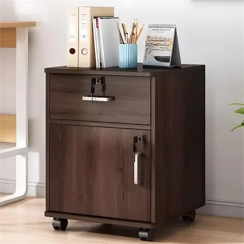 Vista 5 de Archivador de madera con cierre suave, cerradura de llave + ruedas enrollables con cerradura, escritorio de almacenamiento de documentos lateral