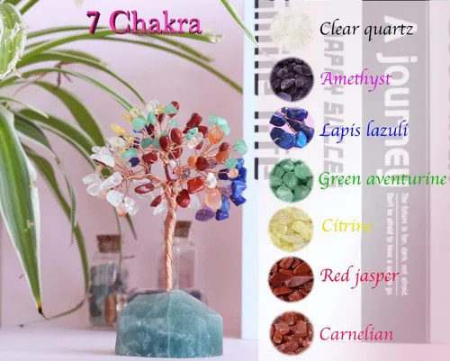 Vista 3 de Árbol de cristal curativo de 7 chakras, cristales naturales con base de piedra, alambre de cobre, árbol de dinero para el hogar, oficina