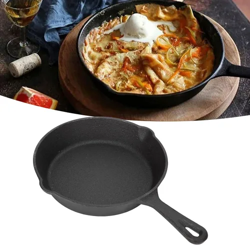 Vista 4 de Sartén de hierro fundido, sartén redonda negra, sartén de cocción uniforme con doble salida, sartén de cocción fácil presazonada para parrilla