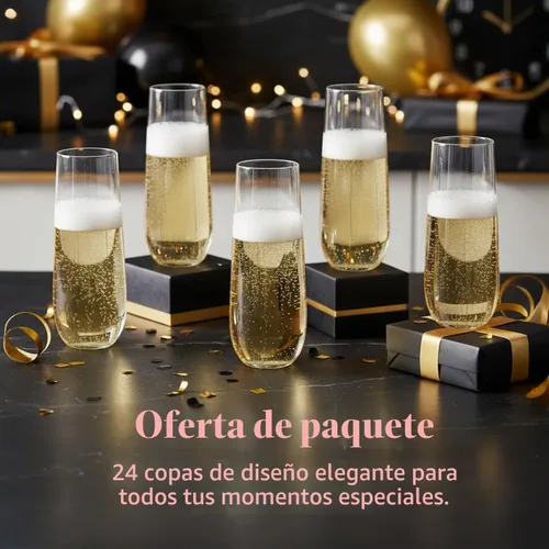 Vista 4 de Prestee 24 Copas de Champán de Plástico - Copas de Champán sin Tallo Resistentes de 9oz para Fiestas - Vasos de Brindis de Plástico Transparente