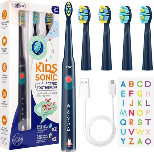 Vista 9 de SEAGO Cepillo de dientes eléctrico para niños, cepillos de dientes recargables de cerdas suaves sónicos con calcomanías de bricolaje, 5 modos, marino