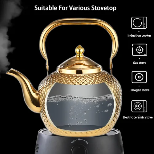 Vista 4 de Tetera para estufa, hervidor de té de acero inoxidable de grado alimenticio, tetera de metal de 2.1 cuartos de galón con colador para té fácil, Oro