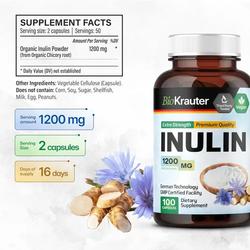 Vista 3 de BIO KRAUTER Polvo de inulina de raíz de achicoria en cápsulas de 1200 mg por porción, 100 unidades, fibra prebiótica de inulina vegana y pura