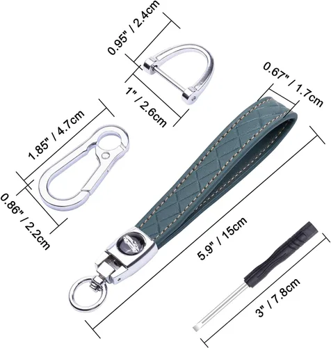 Vista 6 de Llavero de cuero de microfibra para automóvil, llavero de cuero con 3 llaveros y 1 destornillador para hombres y mujeres, color azul y gris