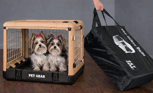 Vista 9 de Pet Gear The Other Door - Caja de acero de 4 puertas para perros/gatos, 27 pulgadas, color beige Puerta estilo garaje, incluye cama de felpa